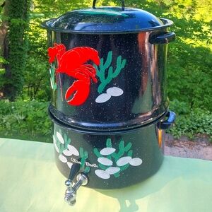 Vintage Speckled Enamel Double Steam Pot Lobster Crawfish Corn Clam Broth Spigot